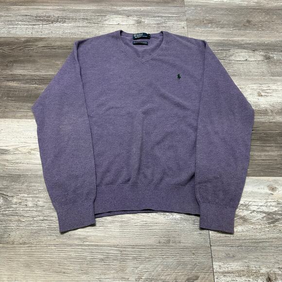 Vintage 90s Polo Ralph Lauren Purple Mens XL Mini Pony Cashmere Knit Sweater - Picture 2 of 10